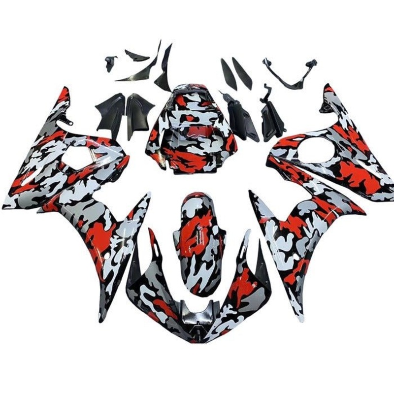 Yamaha YZF-R6 (2005) Black, Red, Gray, Camouflage Fairings Clear Windscreen: Free No Seat Cowl No Bolt Kit