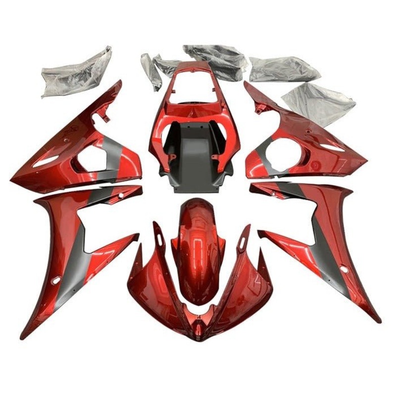 Yamaha YZF-R6 (2005) Candy Red, Matte Black Stripe Fairings Clear Windscreen: Free No Seat Cowl No Bolt Kit