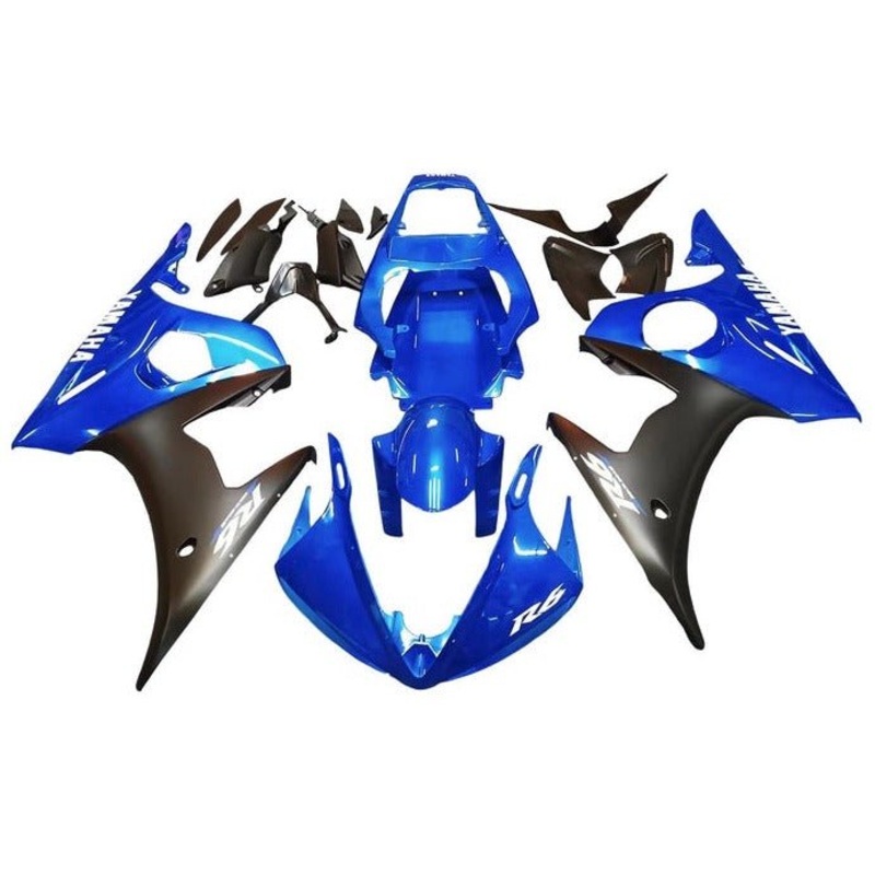 Yamaha YZF-R6 (2005) Gloss Blue, Matte Black, White Fairings Clear Windscreen: Free No Seat Cowl No Bolt Kit