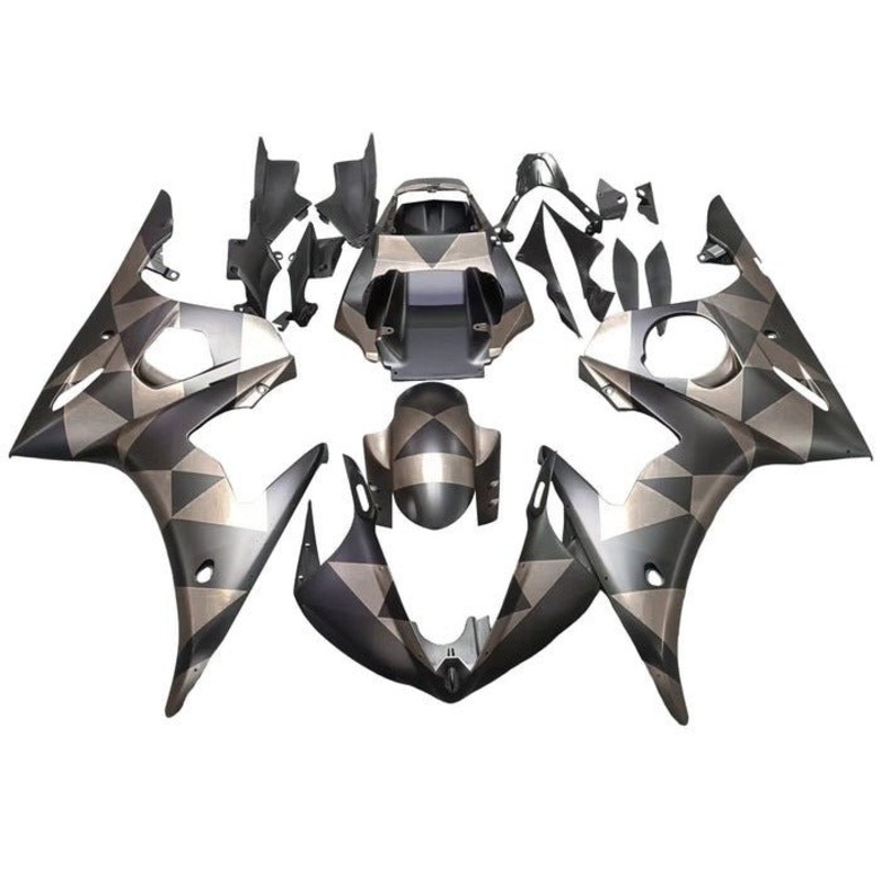 Yamaha YZF-R6 (2005) Matte Black, Matte Gray Camo Geometrics Fairings Clear Windscreen: Free No Seat Cowl No Bolt Kit