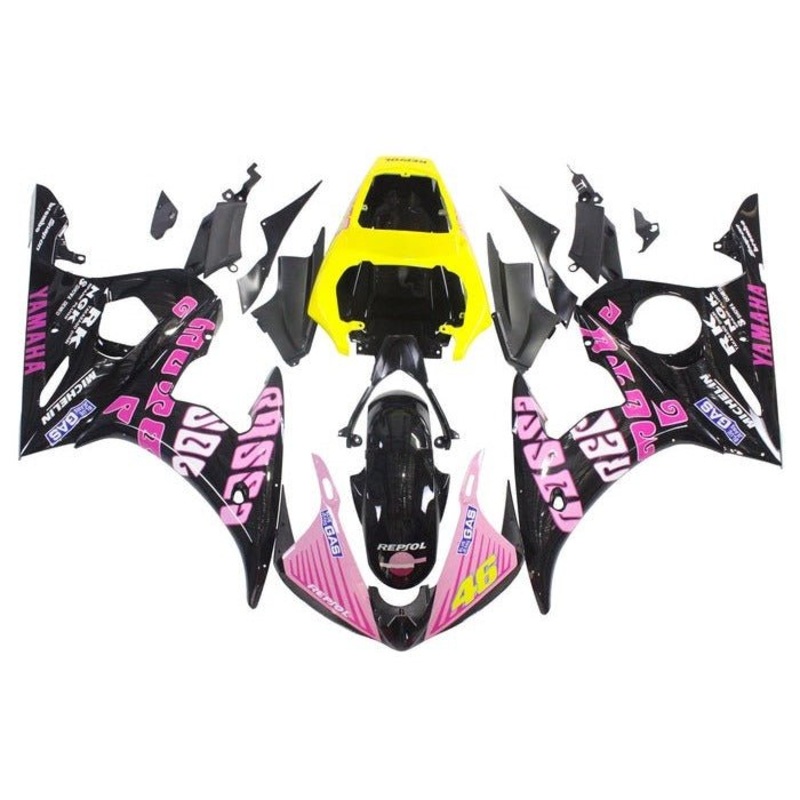 Yamaha YZF-R6 (2005) Pink, Black, Yellow, Rossi Fairings Clear Windscreen: Free No Seat Cowl No Bolt Kit