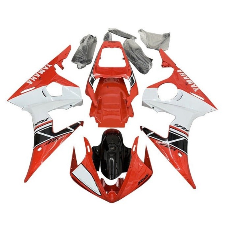 Yamaha YZF-R6 (2005) Red, White, Black Stripe Fairings Clear Windscreen: Free No Seat Cowl No Bolt Kit
