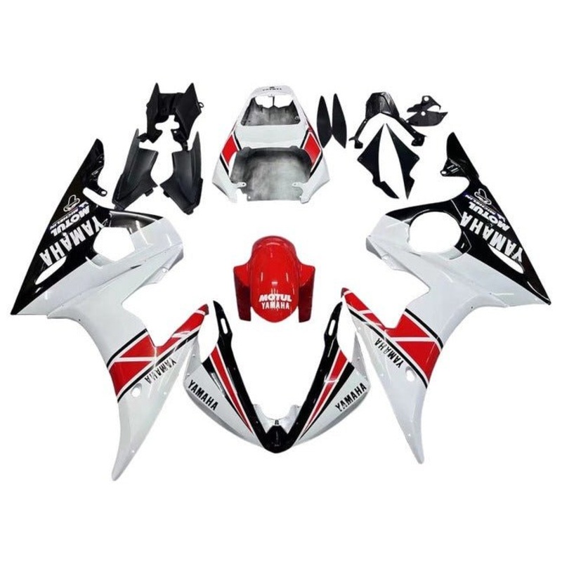 Yamaha YZF-R6 (2005) White, Black, Red Stripe Fairings Clear Windscreen: Free No Seat Cowl No Bolt Kit