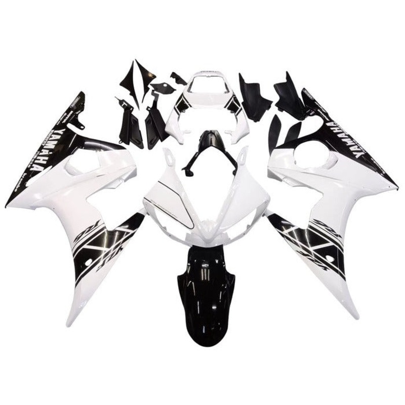 Yamaha YZF-R6 (2005) White, Black Stripe Fairings Clear Windscreen: Free No Seat Cowl No Bolt Kit