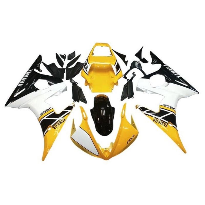 Yamaha YZF-R6 (2005) Yellow, White, Black Stripe Fairings Clear Windscreen: Free No Seat Cowl No Bolt Kit