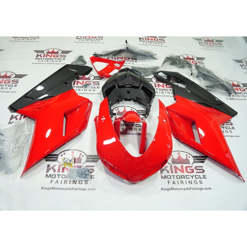 Ducati 1098 (2007-2012) Red, Faux Carbon Fiber Fairings Clear Windscreen: Free No Seat Cowl No Bolt Kit