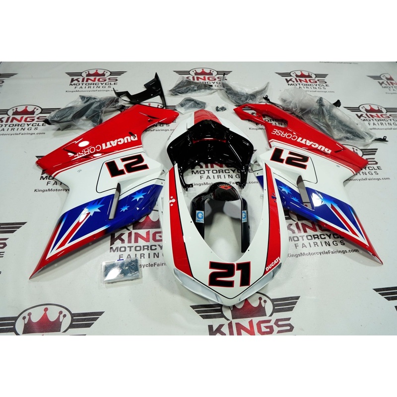 Ducati 1098 (2007-2012) Red, White, Blue Bayliss Corse #21 Fairings Clear Windscreen: Free No Seat Cowl No Bolt Kit