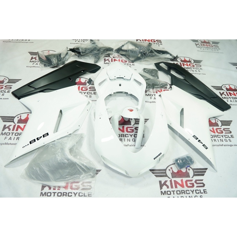 Ducati 848 (2007-2014) White Gloss, Matte Black Fairings Clear Windscreen: Free No Seat Cowl No Bolt Kit