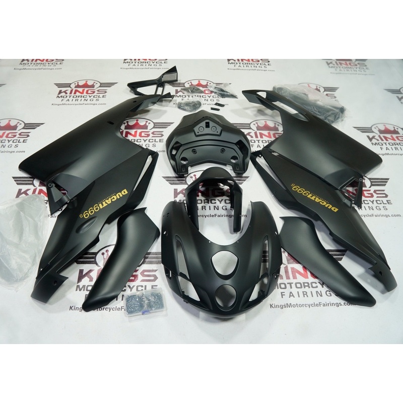 Ducati 999 (2003-2004) Flat Matte Black, Gold Fairings Clear Windscreen: Free No Seat Cowl No Bolt Kit