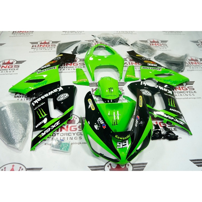 Fairing kit for a Kawasaki Ninja ZX6R 636 (2005-2006) Green, Black Arrow Clear Windscreen: Free No Seat Cowl No Bolt Kit