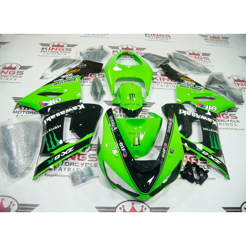 Fairing kit for a Kawasaki Ninja ZX6R 636 (2005-2006) Green, Black, White elf Clear Windscreen: Free No Seat Cowl No Bolt Kit