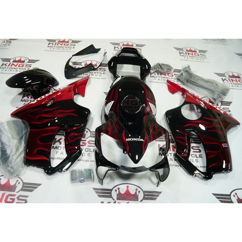 Honda CBR600F4i (2001-2003) Black, Red Flames, White Fairings Clear Windscreen: Free No Bolt Kit No Tank
