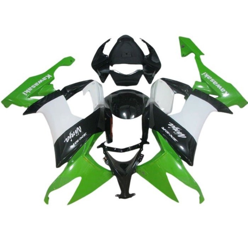 Kawasaki ZX10R Fairings (2008-2010) Black, Green, White Clear Windscreen: Free No Seat Cowl No Bolt Kit