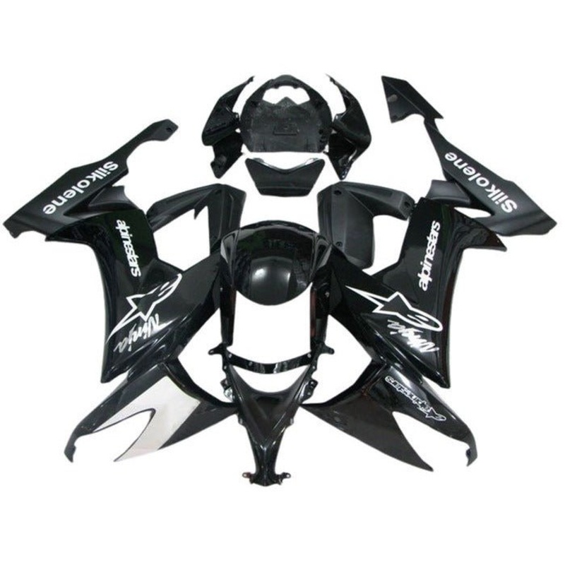 Kawasaki ZX10R Fairings (2008-2010) Black, White Alpinestars Clear Windscreen: Free No Seat Cowl No Bolt Kit