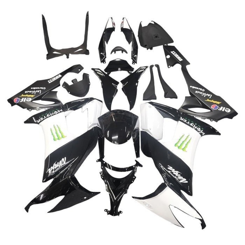 Kawasaki ZX10R Fairings (2008-2010) Black, White, Monster Clear Windscreen: Free No Seat Cowl No Bolt Kit