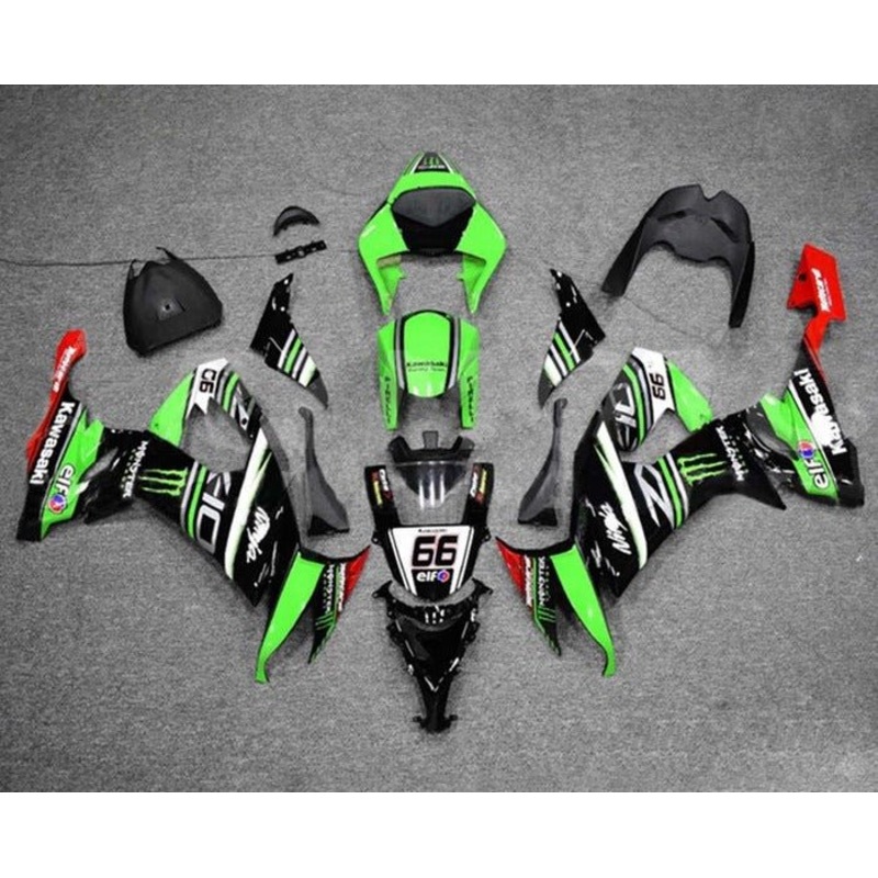 Kawasaki ZX10R Fairings (2008-2010) Green, Black, Monster #66 Clear Windscreen: Free No Seat Cowl No Bolt Kit