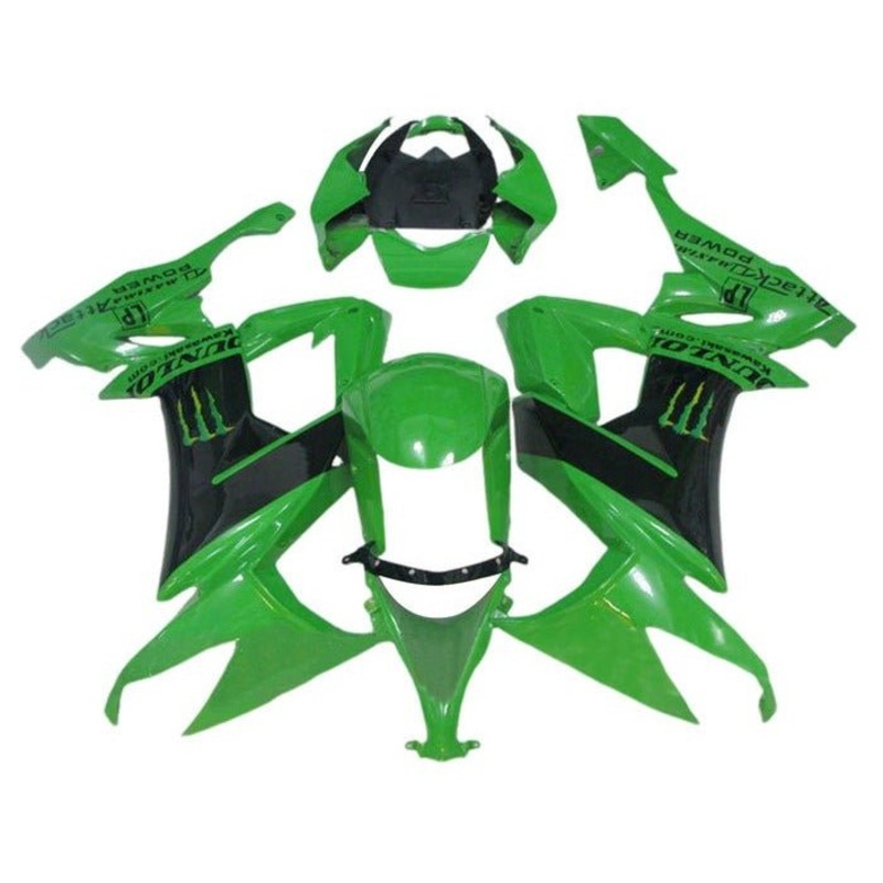Kawasaki ZX10R Fairings (2008-2010) Green, Black, Monster Clear Windscreen: Free No Seat Cowl No Bolt Kit