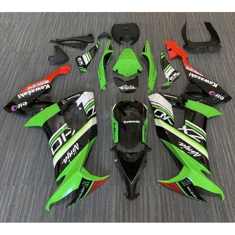 Kawasaki ZX10R Fairings (2008-2010) Green, Black, Red, White Stripe Clear Windscreen: Free No Seat Cowl No Bolt Kit