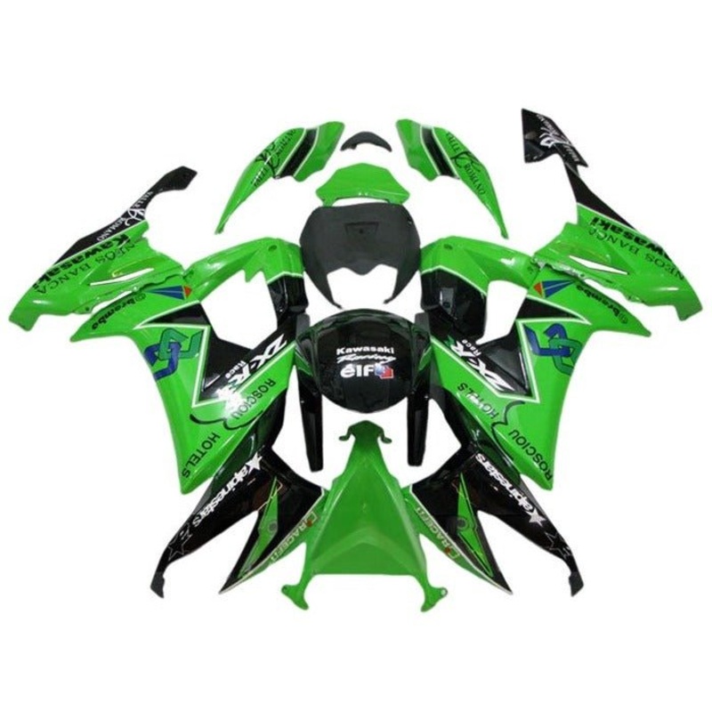 Kawasaki ZX10R Fairings (2008-2010) Green, Black, White Elf Clear Windscreen: Free No Seat Cowl No Bolt Kit