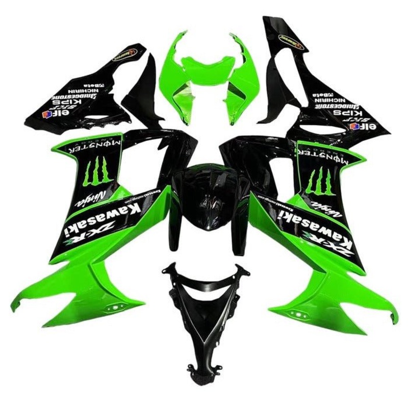 Kawasaki ZX10R Fairings (2008-2010) Green, Black, White, Monster Clear Windscreen: Free No Seat Cowl No Bolt Kit