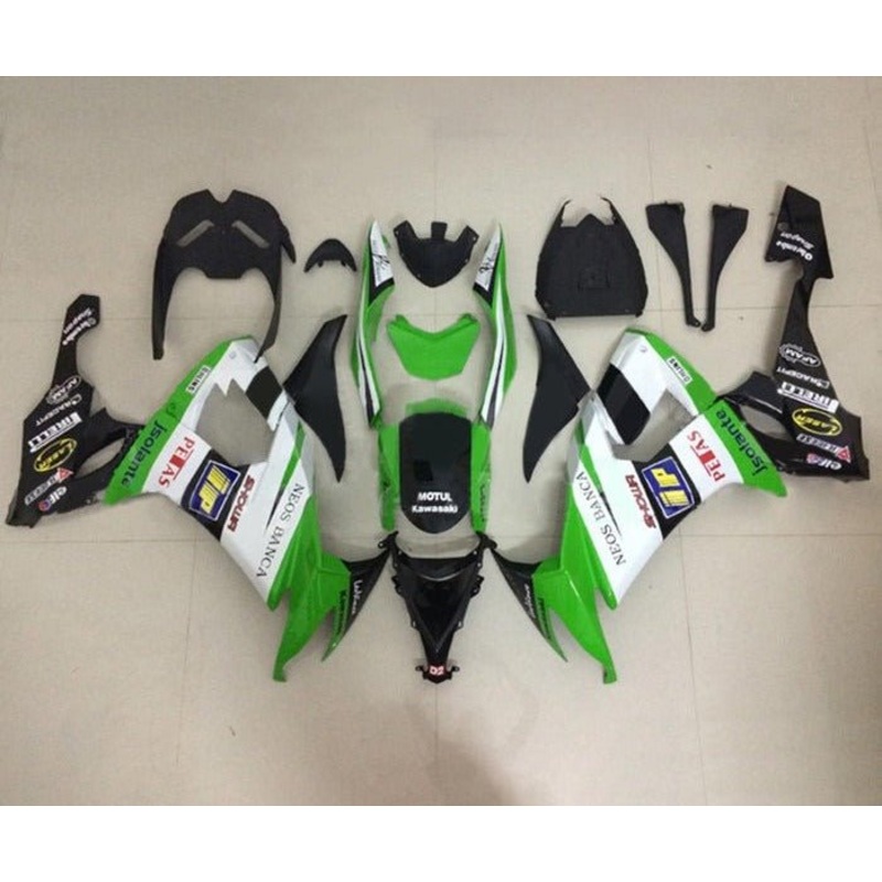 Kawasaki ZX10R Fairings (2008-2010) Green, Black, White, Petas Clear Windscreen: Free No Seat Cowl No Bolt Kit