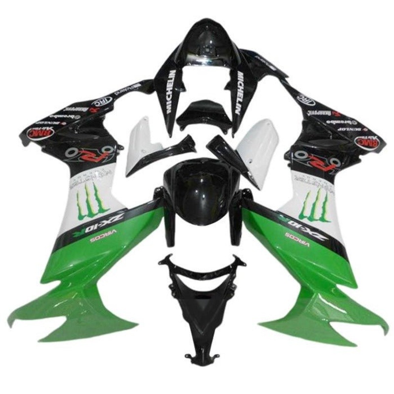 Kawasaki ZX10R Fairings (2008-2010) Green, Black, White, Red, Monster Clear Windscreen: Free No Seat Cowl No Bolt Kit
