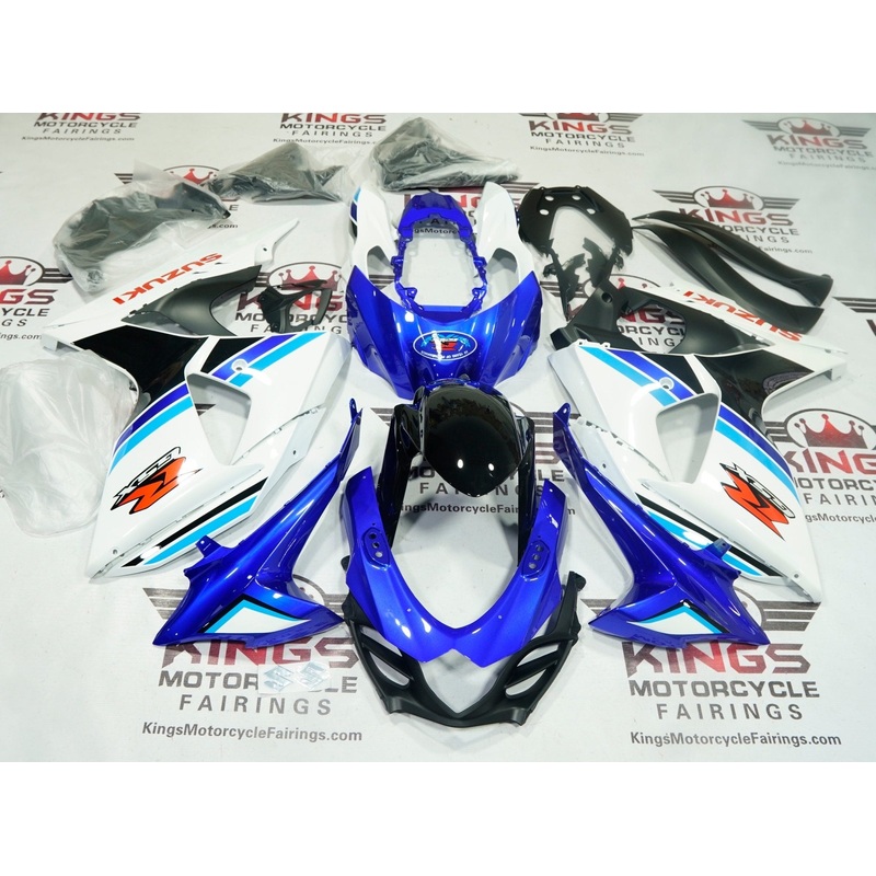 Suzuki GSX-R1000 (2009-2016) White, Black, Blue Stripes Fairings Clear Windscreen: Free No Seat Cowl No Bolt Kit