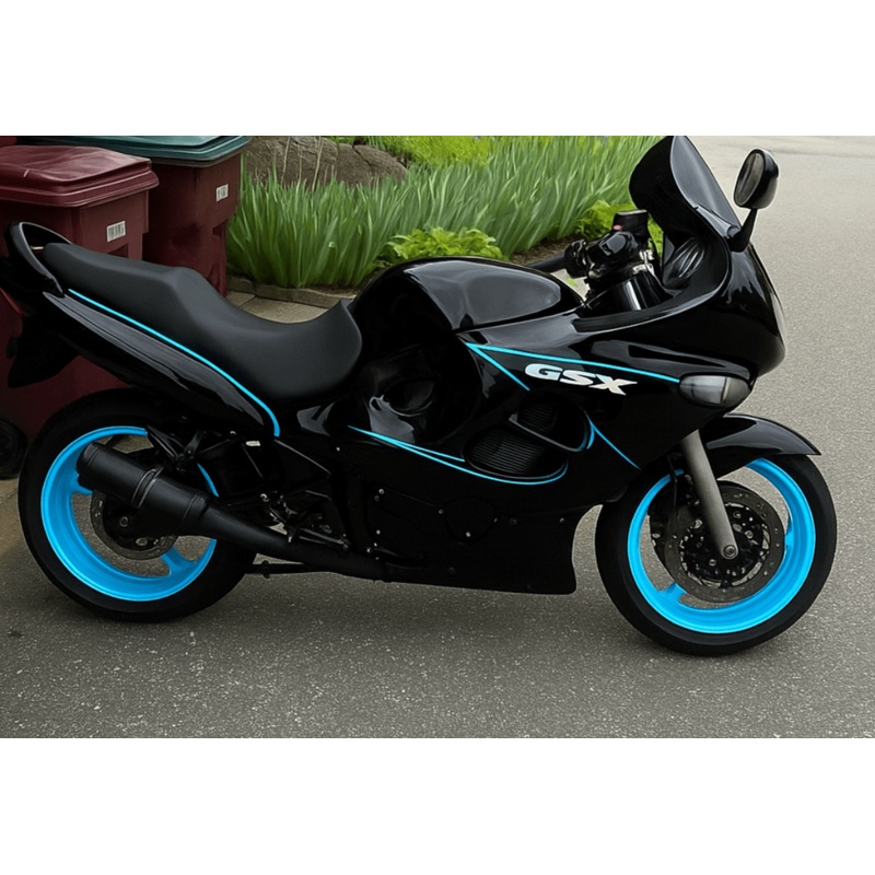 Suzuki GSX750F Katana Fairings (1998-2006) Black, Blue Stripe Clear Windscreen: Free Bolt Kit: No