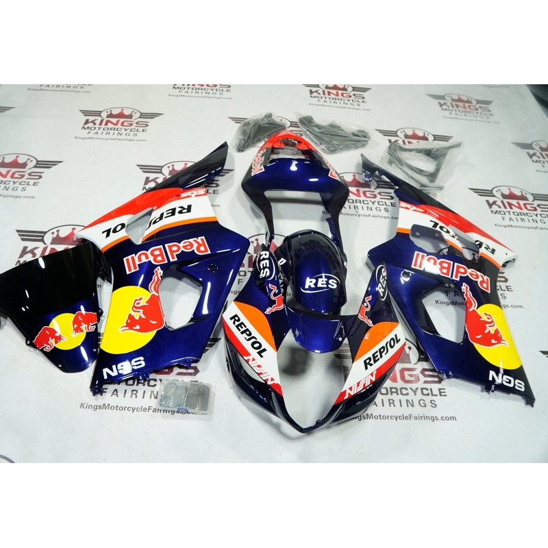Suzuki GSXR1000 (2003-2004) Blue Repsol RedBull Fairings Clear Windscreen: Free No Seat Cowl No Bolt Kit