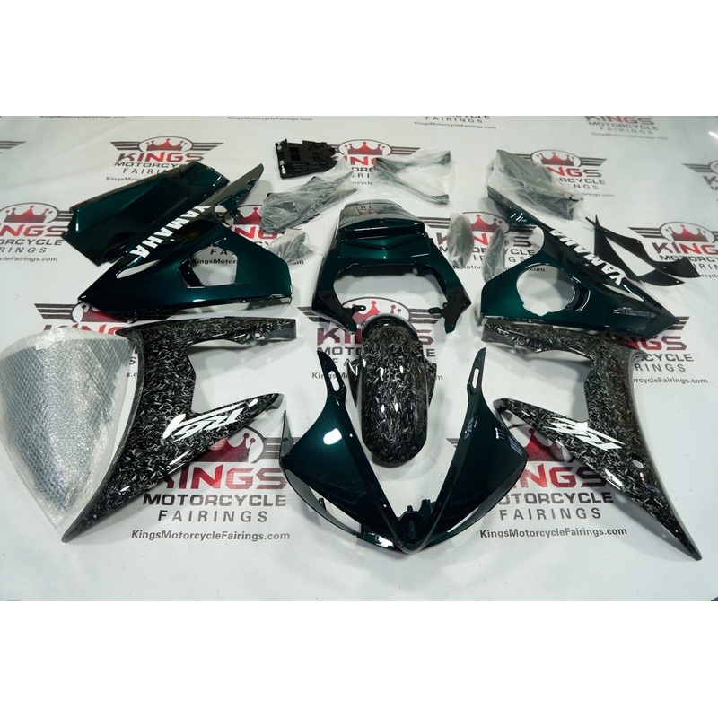 Yamaha YZF-R6 (2003-2004) Green, Faux Forged Carbon Fiber, White Fairings Clear Windscreen: Free No Seat Cowl No Bolt Kit