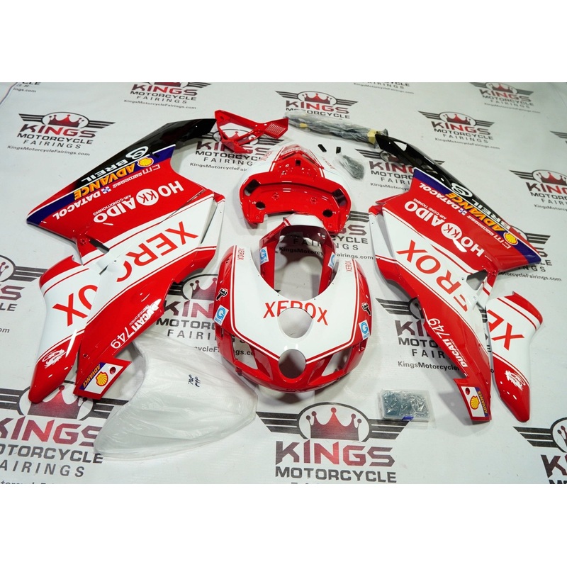 Ducati 749 (2005-2006) Red, White, Xerox Hokkaido Fairings Clear Windscreen: Free No Seat Cowl No Bolt Kit