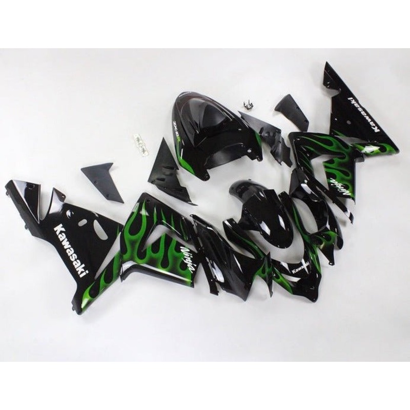 Fairing kit for a Kawasaki ZX10R (2004-2005) Black, Green Flames No Seat Cowl No Bolt Kit No Tank