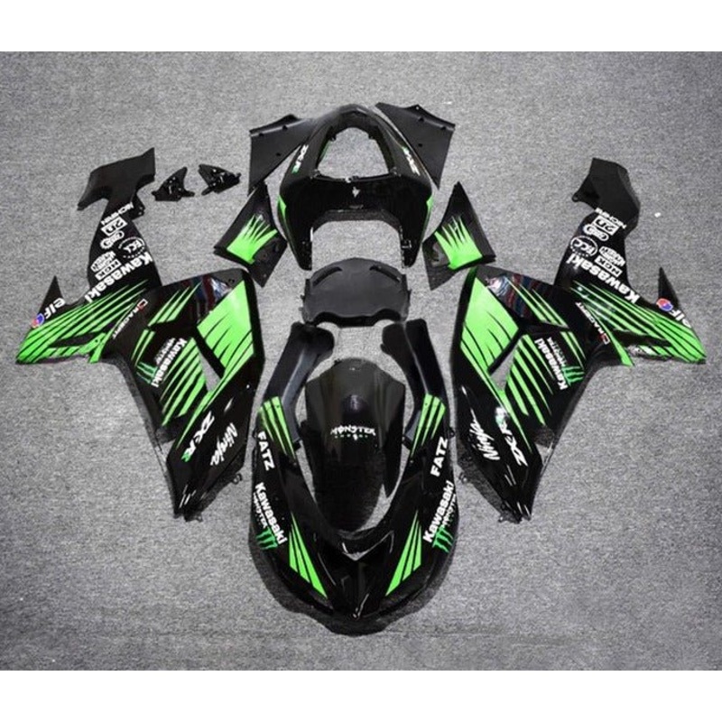 Fairing kit for a Kawasaki ZX10R (2006-2007) Black, Green Stripes Clear Windscreen: Free No Seat Cowl No Bolt Kit