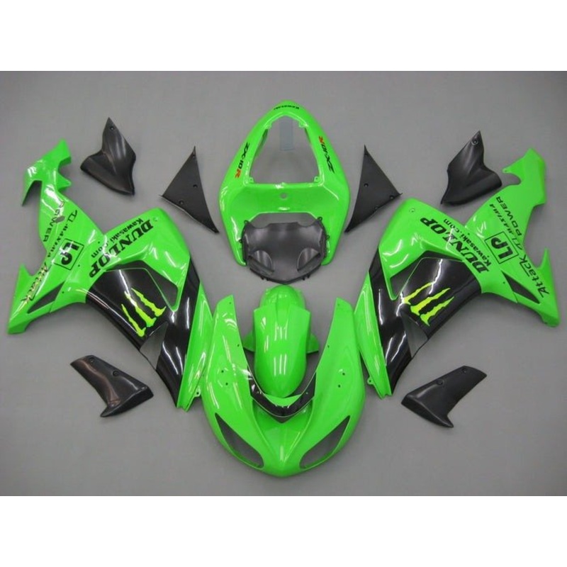 Fairing kit for a Kawasaki ZX10R (2006-2007) Green, Black, Monster, Dunlop Clear Windscreen: Free No Seat Cowl No Bolt Kit