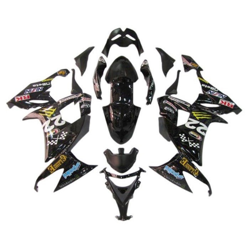 Kawasaki ZX10R Fairings (2008-2010) Black, Yellow Monster Clear Windscreen: Free No Seat Cowl No Bolt Kit