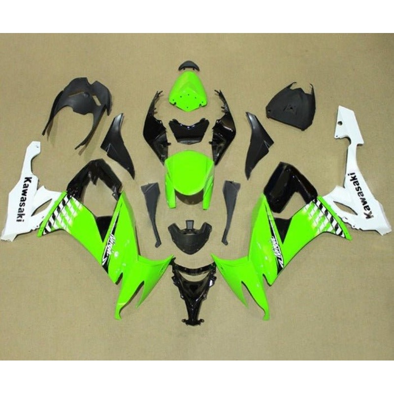 Kawasaki ZX10R Fairings (2008-2010) Gloss Green, White, Black Clear Windscreen: Free No Seat Cowl No Bolt Kit