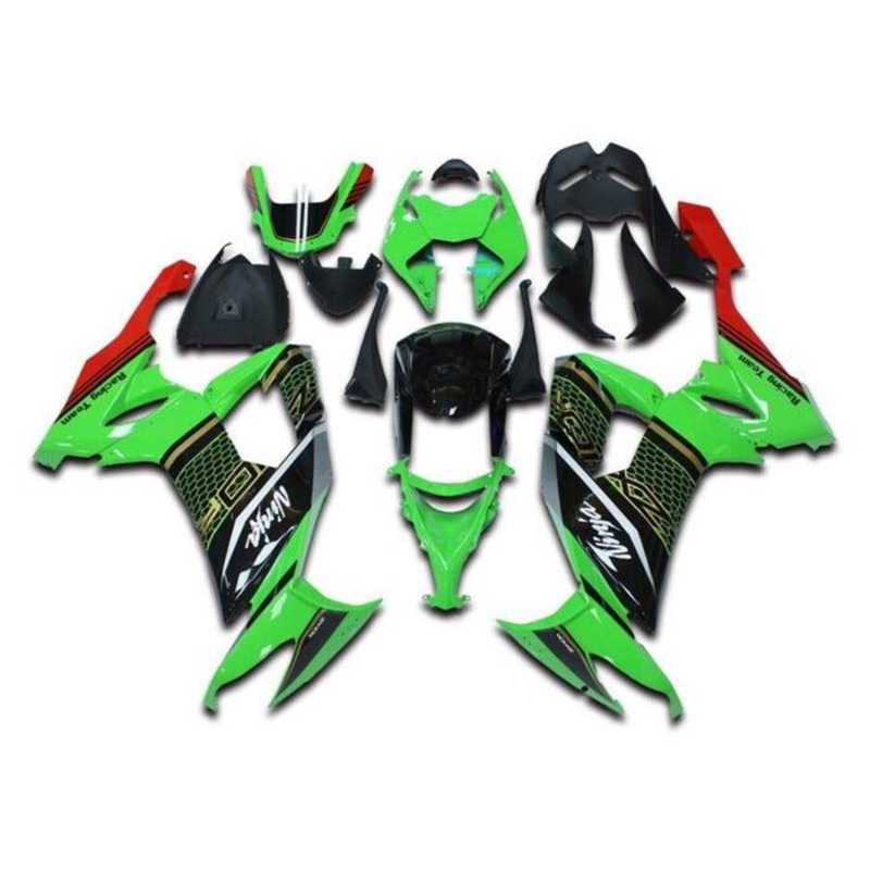 Kawasaki ZX10R Fairings (2008-2010) Green, Black, Gold, Honeycomb Clear Windscreen: Free No Seat Cowl No Bolt Kit