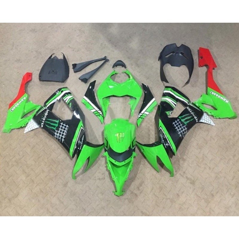 Kawasaki ZX10R Fairings (2008-2010) Green, Black, Hash Clear Windscreen: Free No Seat Cowl No Bolt Kit