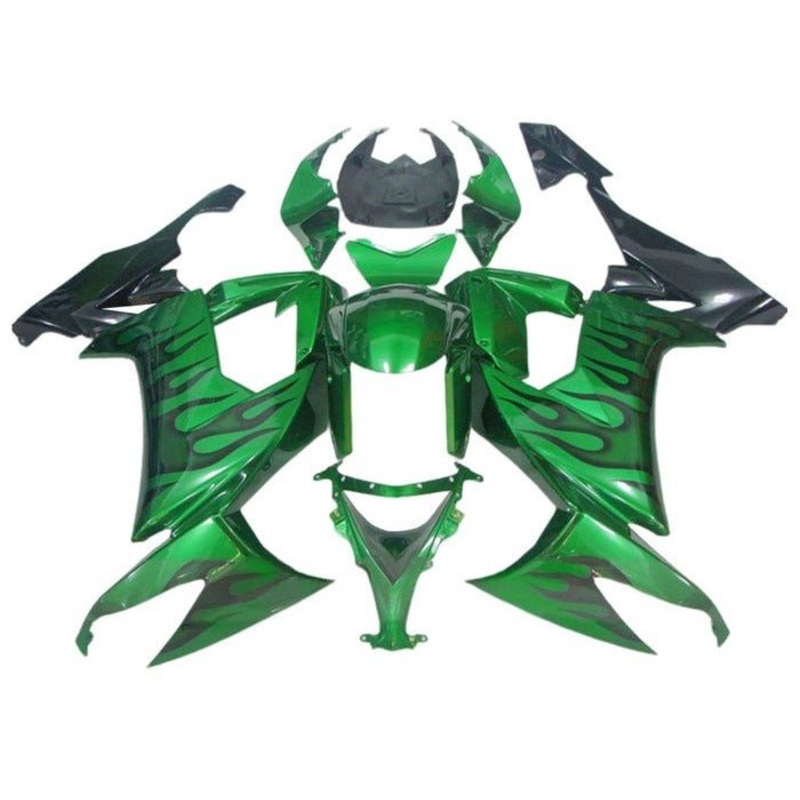 Kawasaki ZX10R Fairings (2008-2010) Green Flames Clear Windscreen: Free No Seat Cowl No Bolt Kit