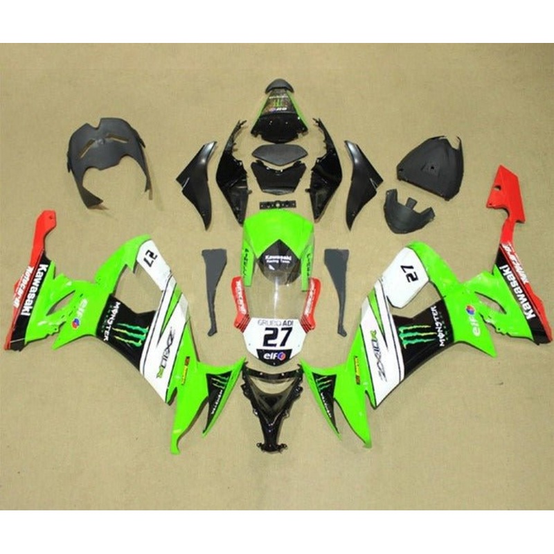 Kawasaki ZX10R Fairings (2008-2010) Green, White Black, Red #27 Clear Windscreen: Free No Seat Cowl No Bolt Kit