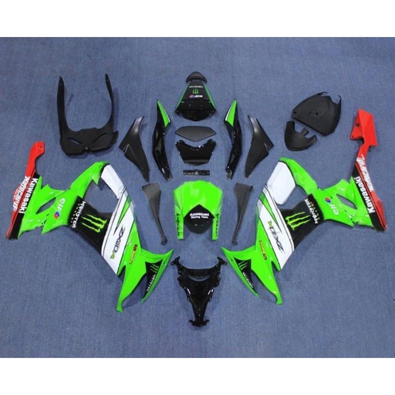 Kawasaki ZX10R Fairings (2008-2010) Green, White, Red, Black Clear Windscreen: Free No Seat Cowl No Bolt Kit