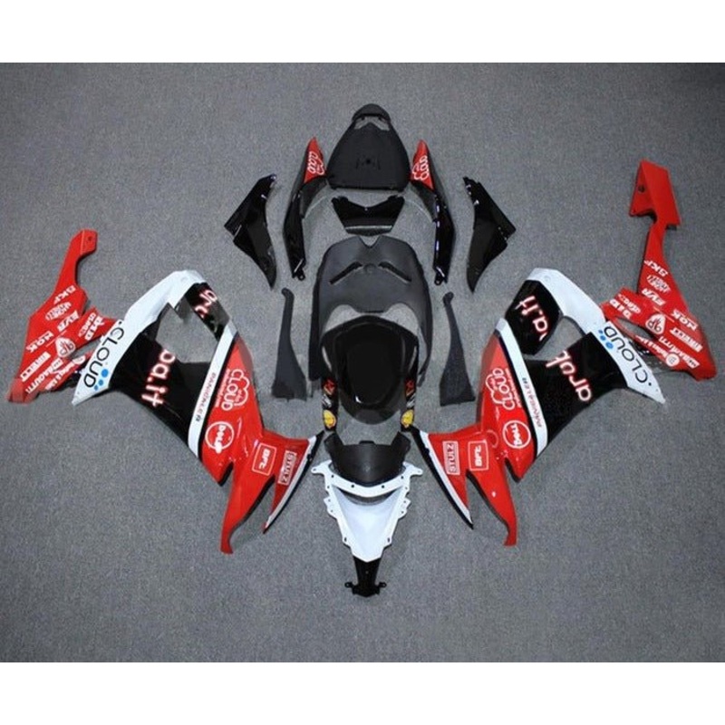 Kawasaki ZX10R Fairings (2008-2010) Red, Black, White Stripe Clear Windscreen: Free No Seat Cowl No Bolt Kit