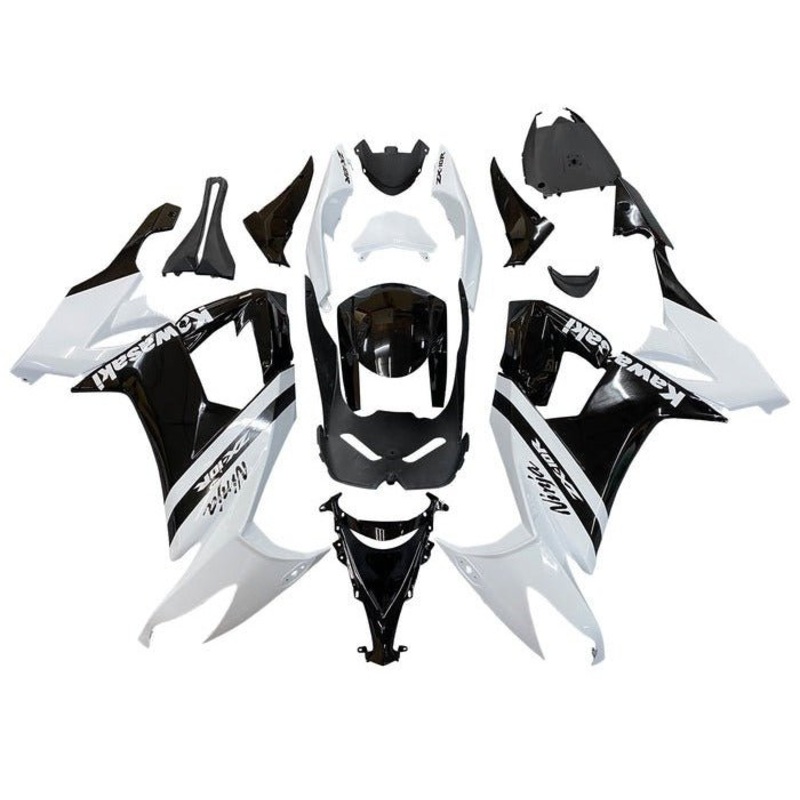 Kawasaki ZX10R Fairings (2008-2010) White, Black Stripe Clear Windscreen: Free No Seat Cowl No Bolt Kit