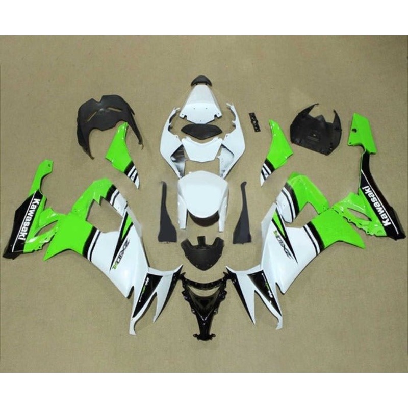 Kawasaki ZX10R Fairings (2008-2010) White, Green, Black Stripe Clear Windscreen: Free No Seat Cowl No Bolt Kit