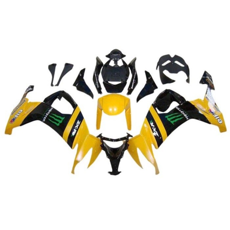 Kawasaki ZX10R Fairings (2008-2010) Yellow, Black, Monster Clear Windscreen: Free No Seat Cowl No Bolt Kit