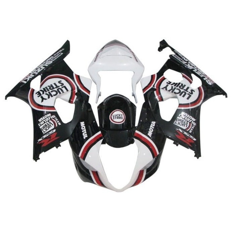 Suzuki GSXR1000 (2003-2004) Black, White, Red Lucky Strike Fairings Clear Windscreen: Free No Seat Cowl No Bolt Kit