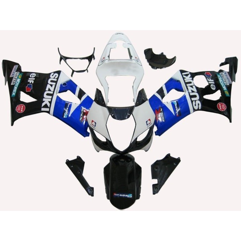 Suzuki GSXR1000 (2003-2004) White, Black, Blue Elf Fairings Clear Windscreen: Free No Seat Cowl No Bolt Kit