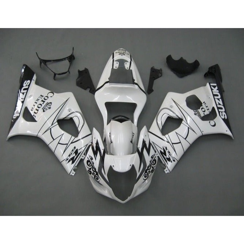 Suzuki GSXR1000 (2003-2004) White, Black Tribal Fairings Clear Windscreen: Free No Seat Cowl No Bolt Kit