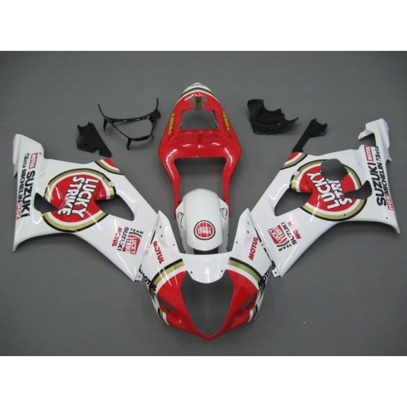 Suzuki GSXR1000 (2003-2004) White, Red Lucky Strike Fairings Clear Windscreen: Free No Seat Cowl No Bolt Kit