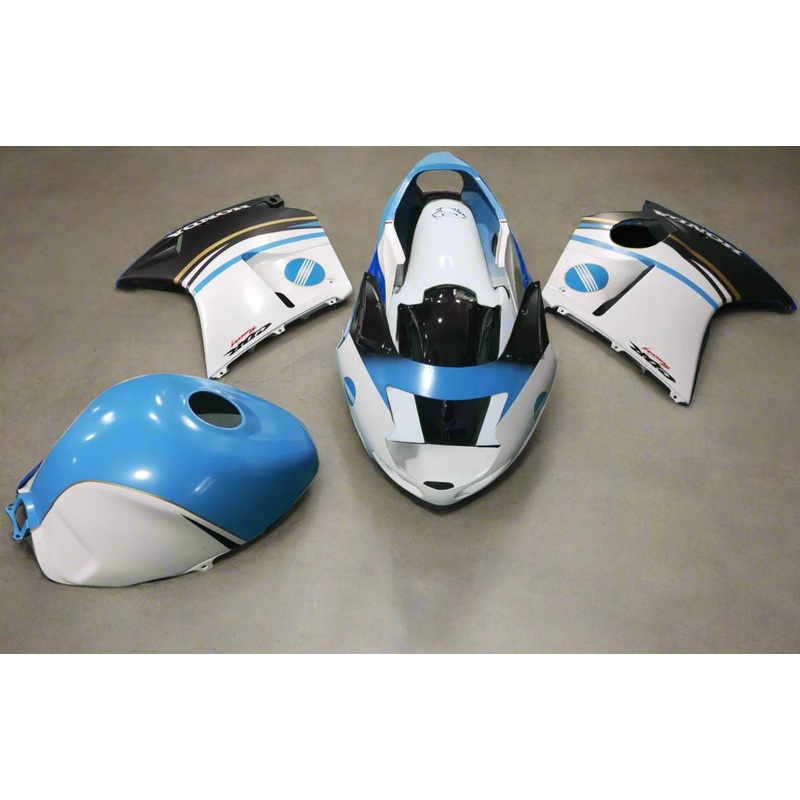 Honda CBR1100XX Super Blackbird (1996-2007) Matte White, Blue Konica Minolta Fairings Clear Windscreen: Free No Bolt Kit No Tank